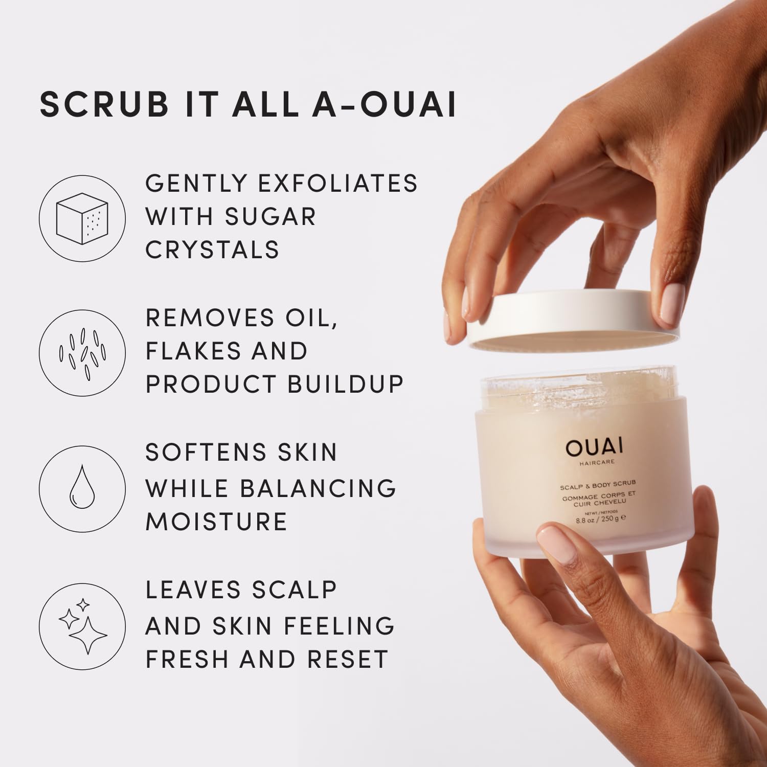 OUAI Gommage cuir chevelu & corps format voyage, Melrose Place - Gommage exfoliant au sucre + mélange d’huile de coco pour une peau lisse et hydratée - Exfoliant doux pour éliminer l’accumulation de p