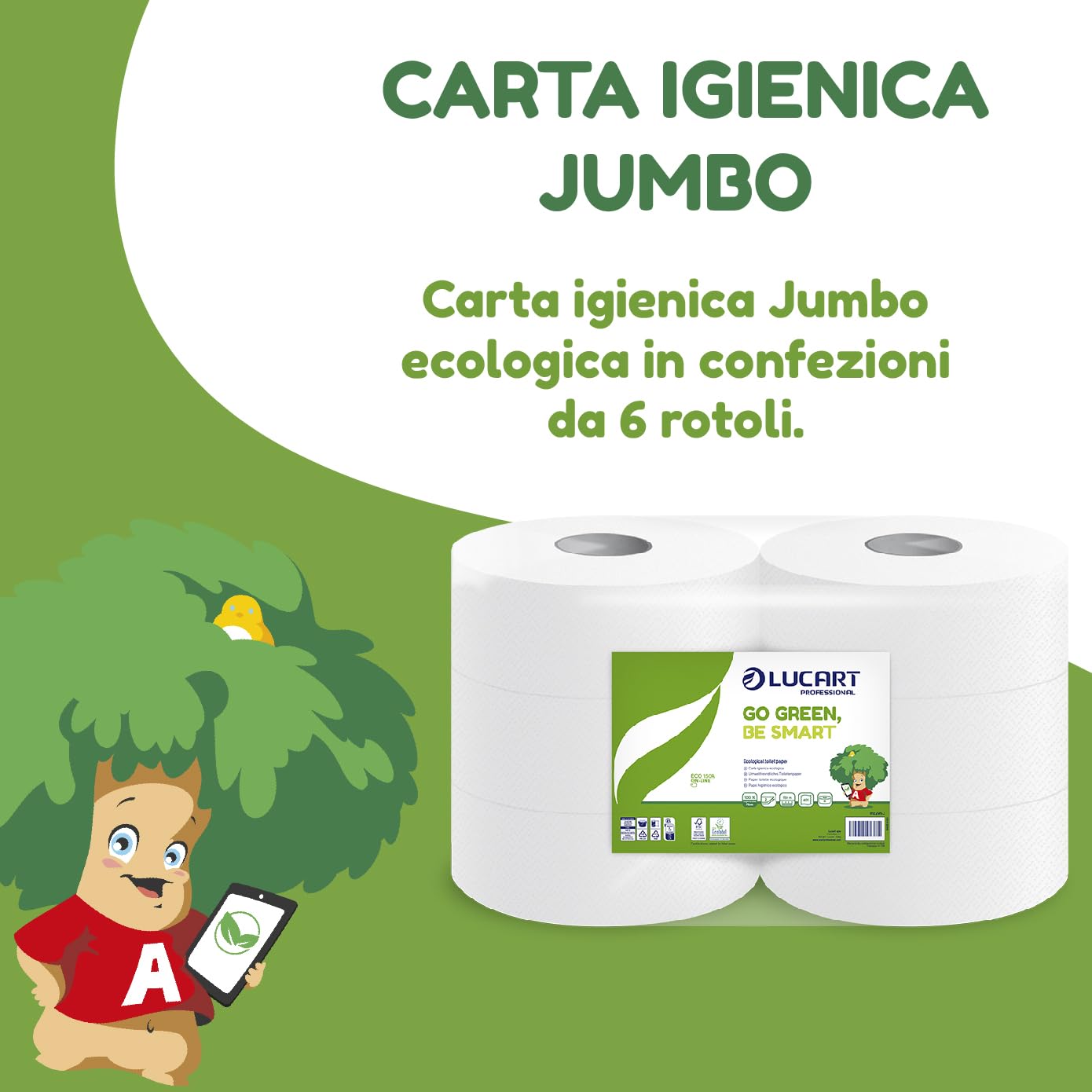 Lucart Professional, Confezione da 6 Rotoli Jumbo di Carta Igienica Ecologica, 2 Veli, Morbida e Consistente, 100% Riciclata, Certificata FSC Recycled, Color Bianco