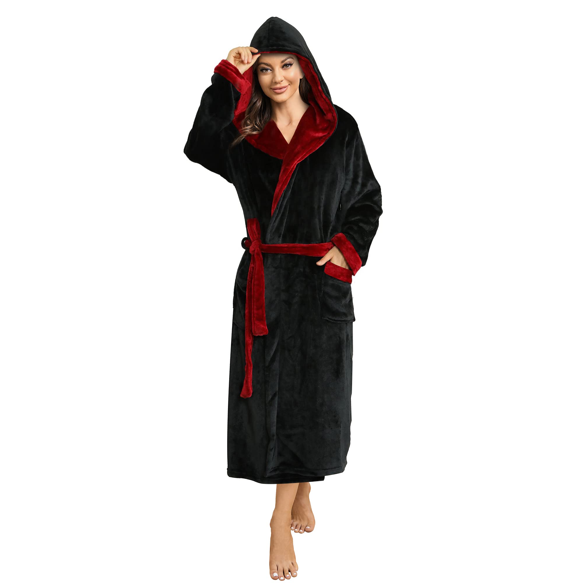 Womens Hooded Fleece Robe, Soft Bathrobe for Womens, Cute Long House Coat