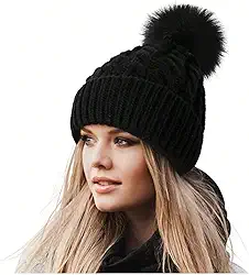 Gorro de Lã Feminino com Pompom, Preto, Tricotado, Forrado, para Inverno
