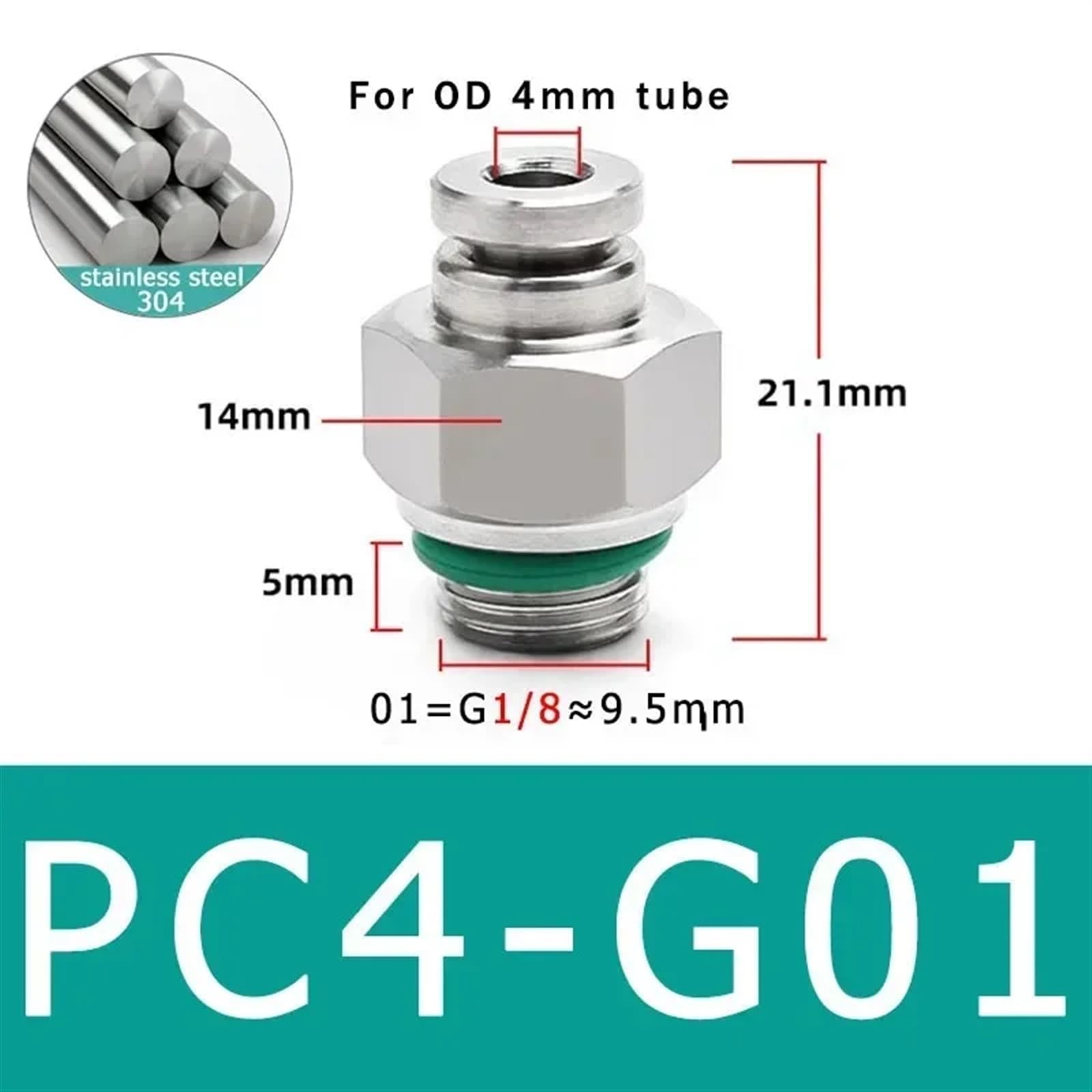 Conector de manguera de aire de acero inoxidable 304, conector de tubo neumático de rosca G for PC, 1/8, 1/4, 3/8, 1/2, M5, BSPT, acoplamiento rápido, 10 Uds.(Color:PC4-G01)