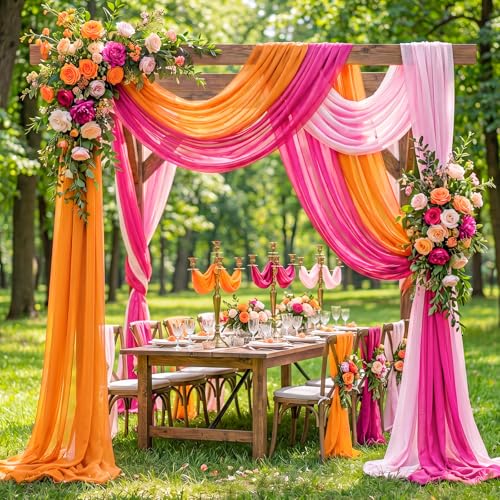 Image of Pink Orange Wedding Arch Draping Fabric 3 Panels 2.46 x 20ft Sheer Chiffon Backdrop in Pink, Rose Red, Orange for Wedding Ceremony, Birthday, Bridal Shower, and Outdoor Party Decoration