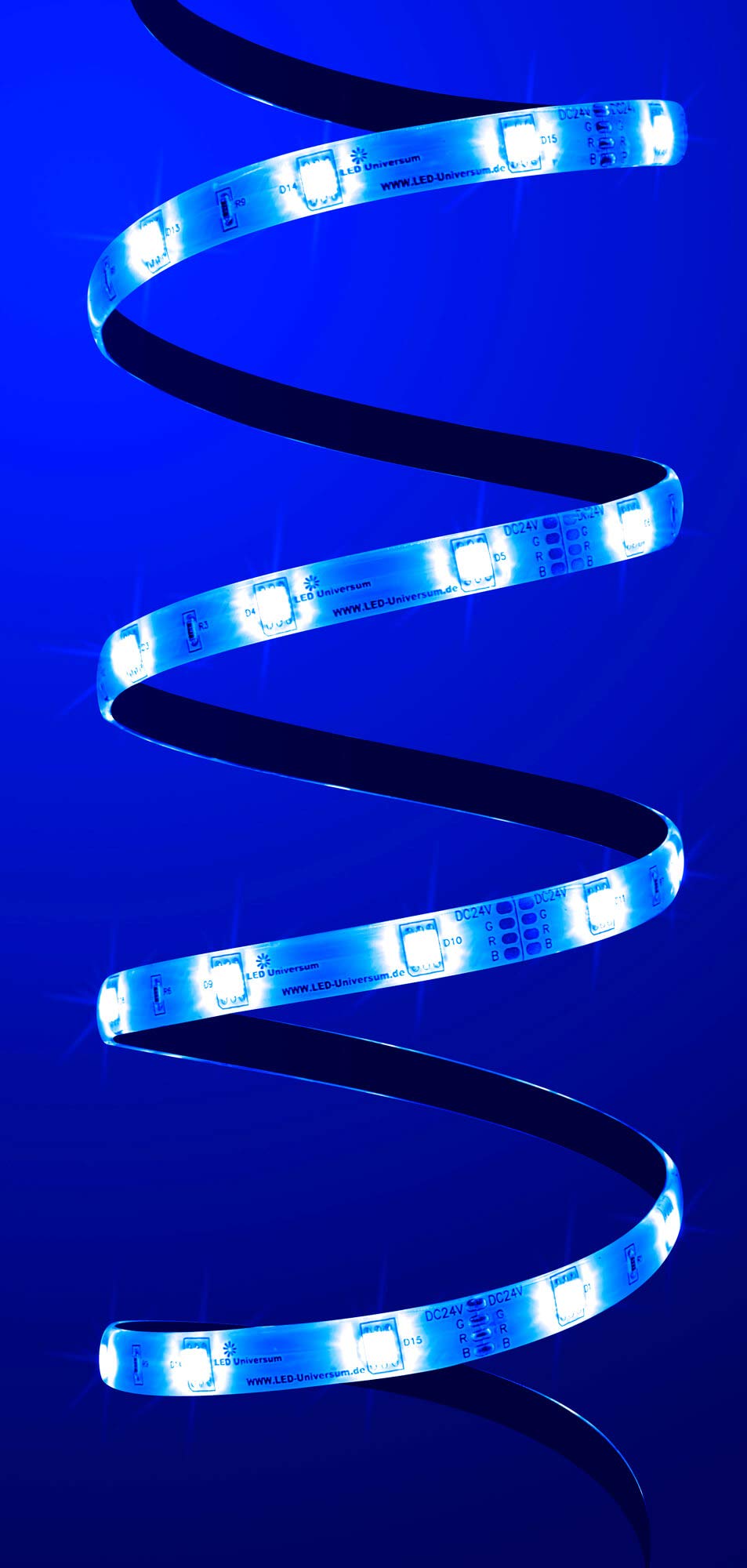 10 metros en la pieza con mando a distancia: tira LED RGB profesional (30 LED/m, IP65, 24 V), controlador y fuente de alimentación de 3 A.