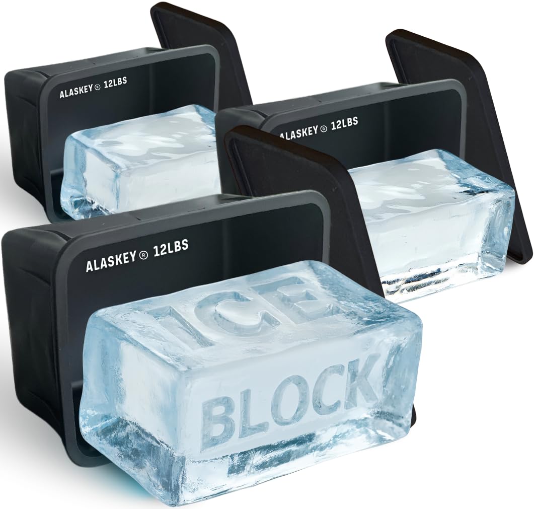 Alaskey® Giant Ice Block Mold 12 lbs With Lid (3-Pack) | Create Perfect Ice Bricks | Professional Silicone Mold for Crafting Extra Large Ice Cubes, Ideal for Ice Baths, Coolers, Bartender Accessories