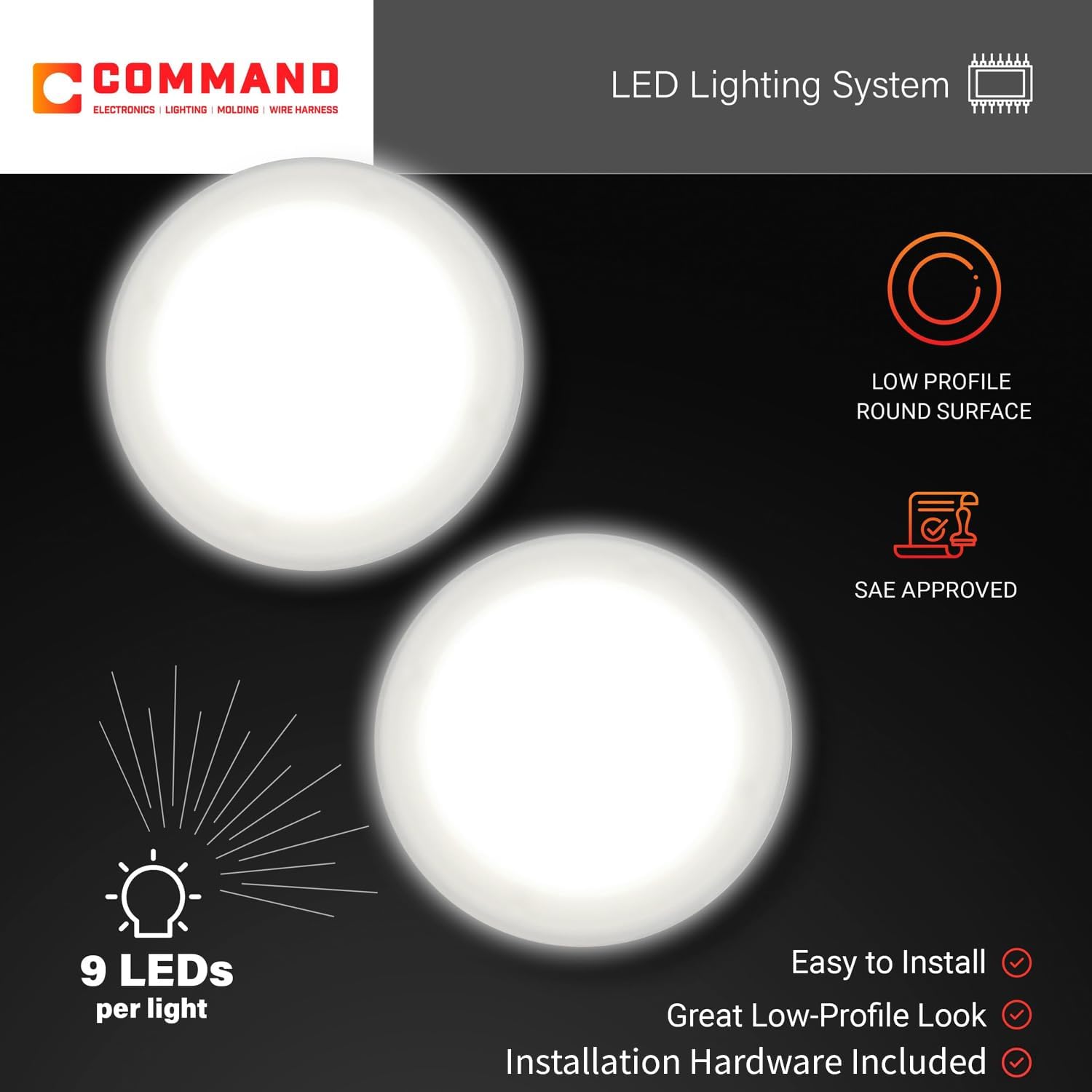 Command Electronics OEM 12V LED RV Low Profile Surface Mount Ceiling Light - Made in USA - Durable Design - Hardware & Connectors Included - 4.5 Inch Diameter for Compact Spaces | White (2 Pack)