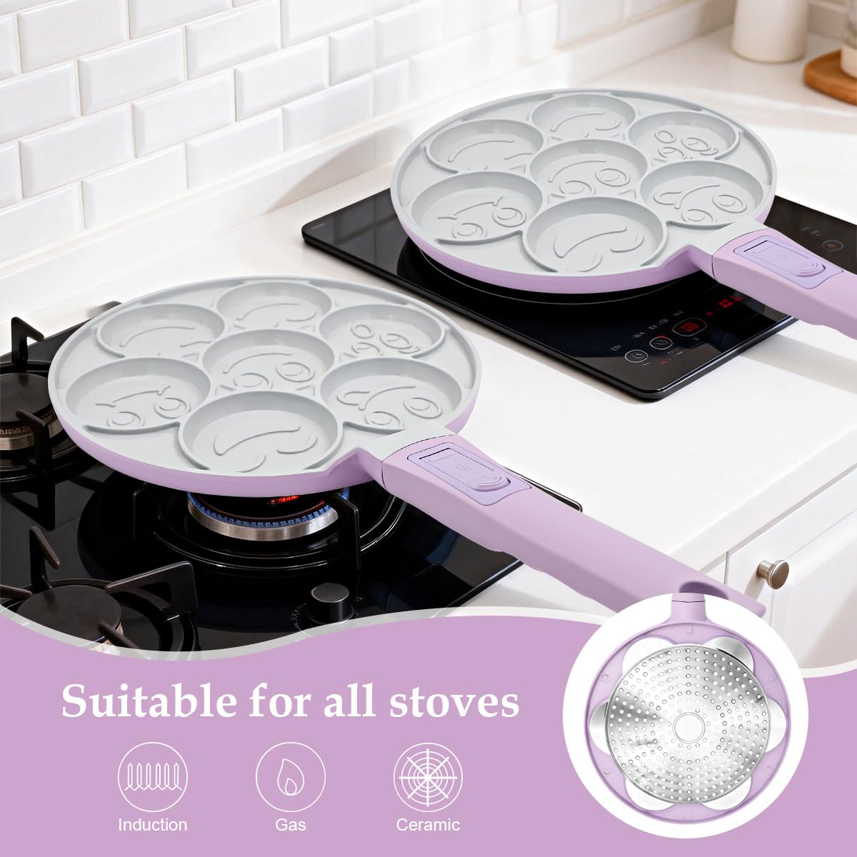 Sartén para Crepé Induccion 26.5cm con Caritas Sonrientes, Revestimiento Cerámico Antiadherente, Sartén para Tortitas 7 Agujeros con Mango Extraíble - Morado