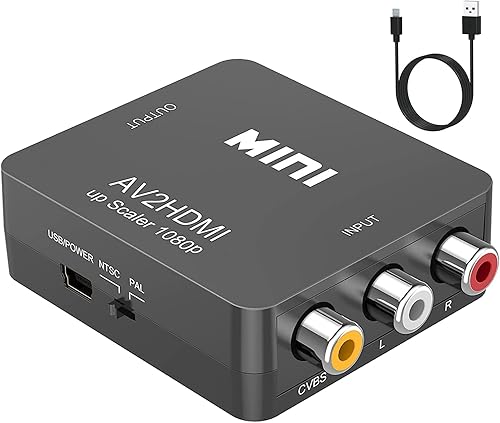 ABLEWE RCA a HDMI, Convertidor AV a HDMI, Adaptador convertidor de audio y video 1080P Mini RCA Compuesto CVBS Compatible con PALNTSC para TVPC PS3