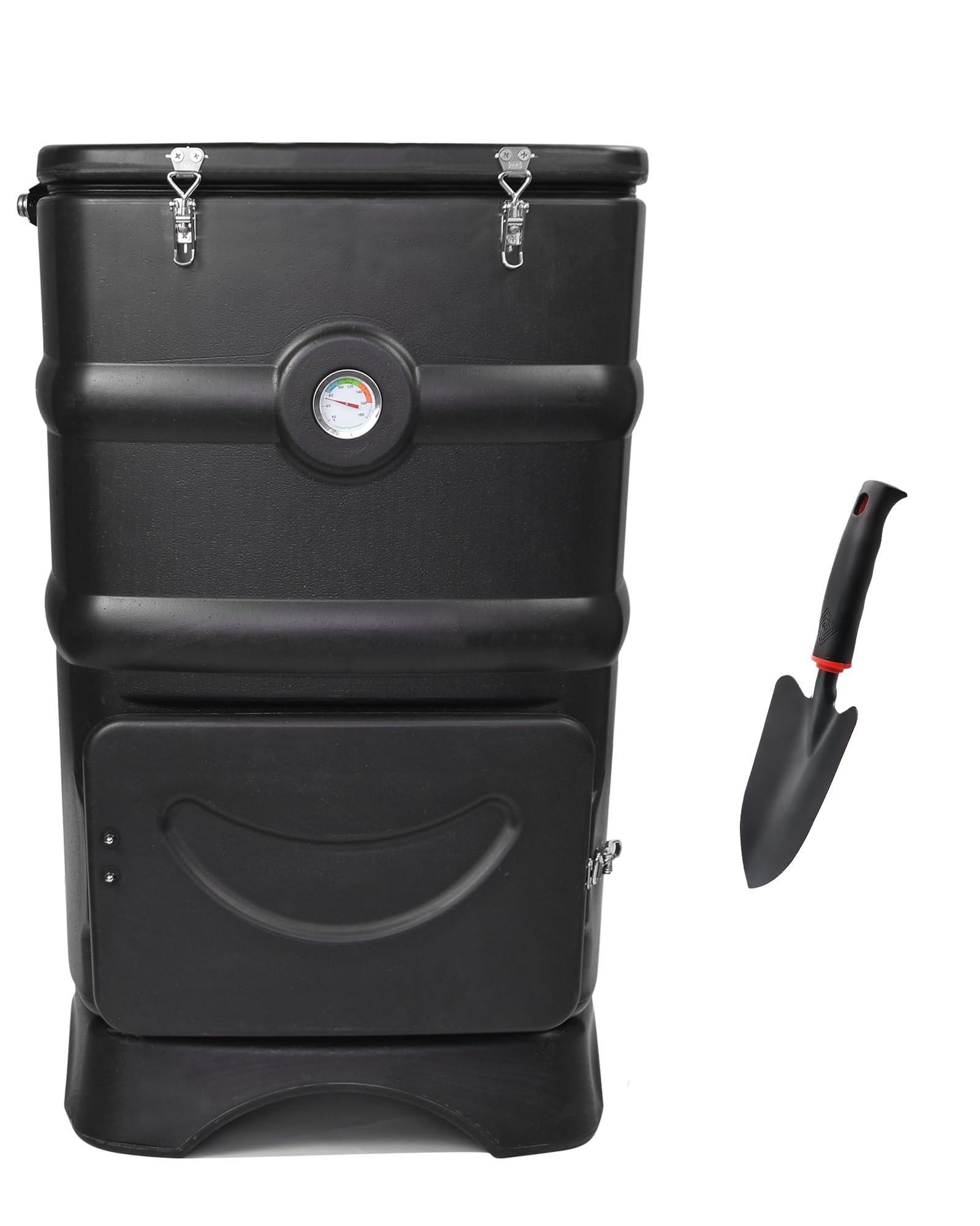 EJWOX compost bin placed in a garden setting with a wheelbarrow of organic materials and a bucket, ready for composting.