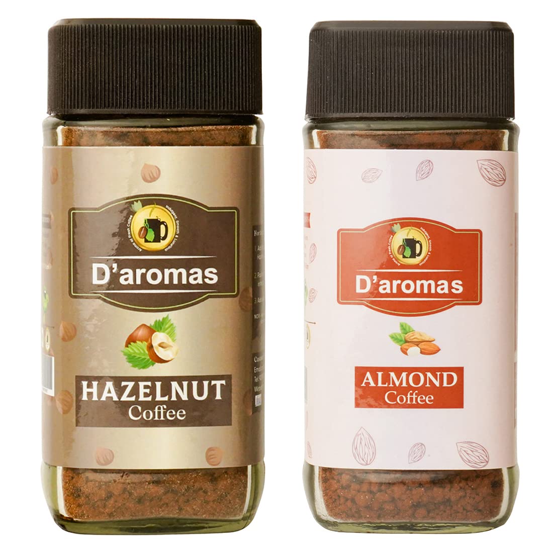 D'aromas Flavoured Instant Coffee Powder Almond, Hazelnut Coffee, 50g each Rich Aroma & Bold Taste