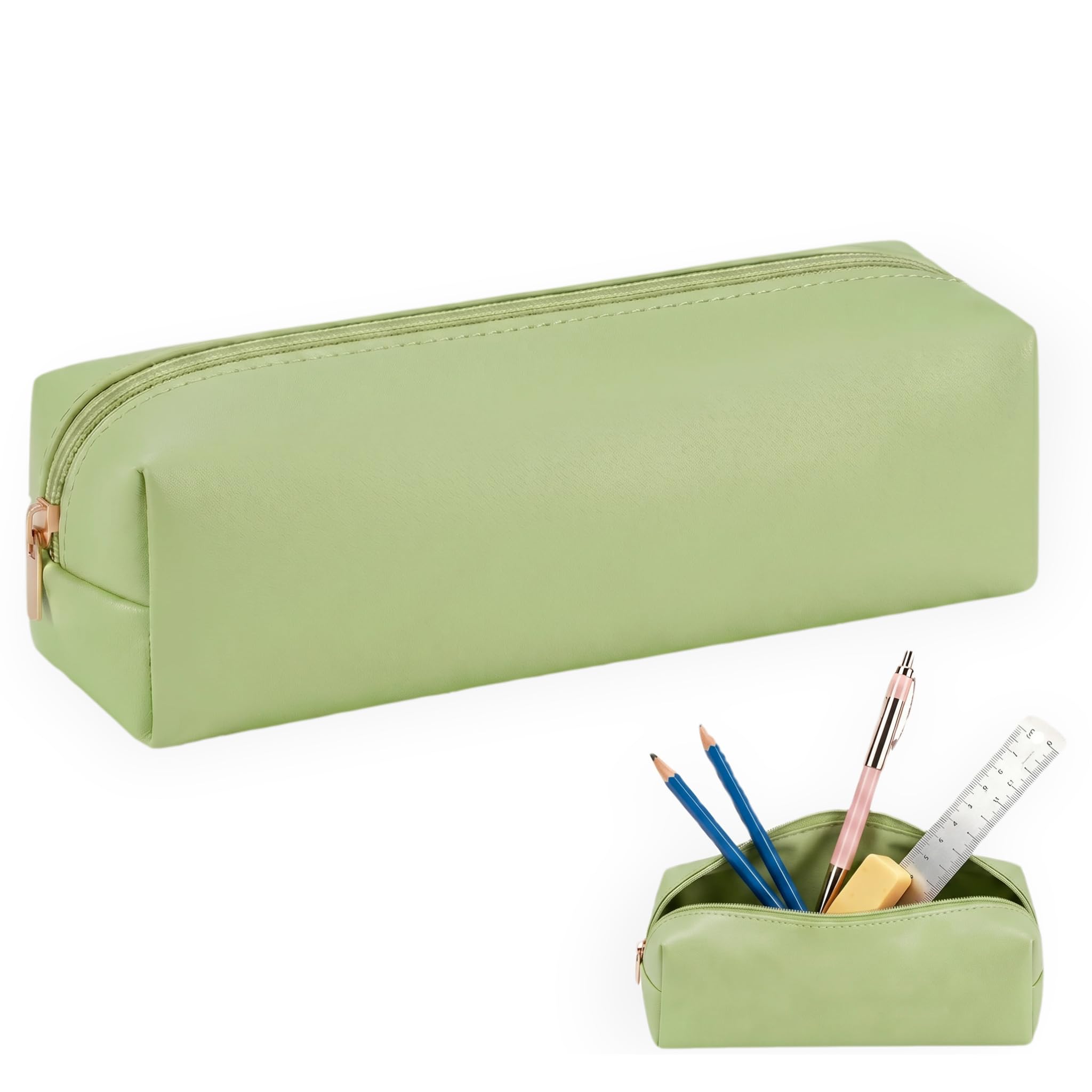 ZJEEACO Green Pencil Case, PU Leather School Supplies for Girls Boys, Compact Durable Lightweight Easy to Carry, Idea for Back to School Daily Classroom Use, Fit for Kids Students