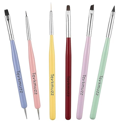 Tevkmuzz Juego de 6 pinceles para arte de uñas, 6 brochas para arte de uñas con cepillo de gel de extensión de uñas, bolígrafo de punteado de uñas y