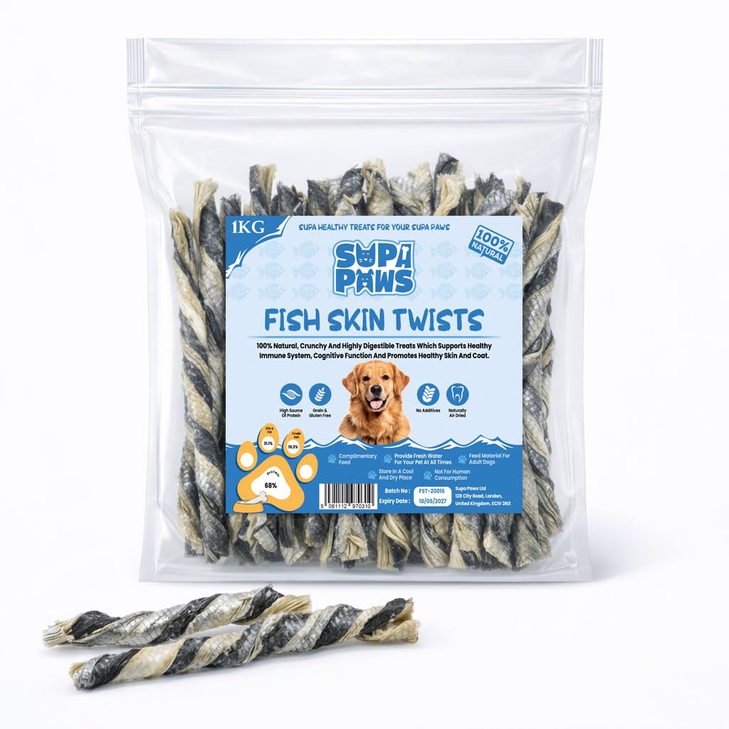 Supa Paws 1Kg Fish Skin Twists for Dogs 100% Natural White Fish Skin Twists Jerky Dog Treat, Hypoallergenic Dog Food & Grain Free Dog Chews, Dental Pet Treat, High Protein Dog Snacks