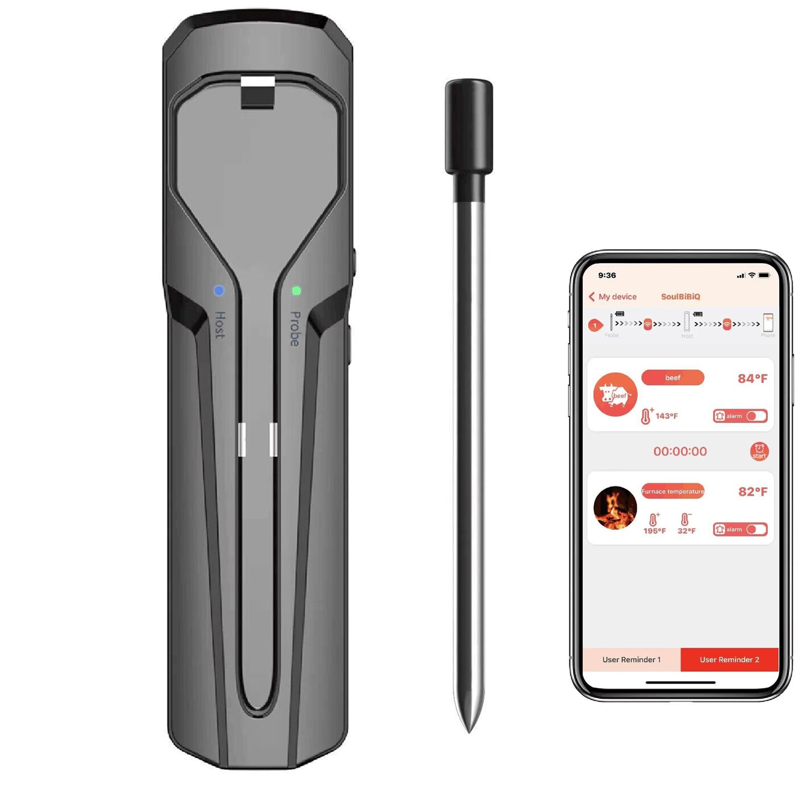 Bezprzewodowy termometr do mięsa, termometr do mięsa, 1 sonda ceramiczna, inteligentny cyfrowy termometr bezprzewodowy do mięsa Bluetooth, wodoodporny podwójny czujnik IP67, idealny do steków, grilla