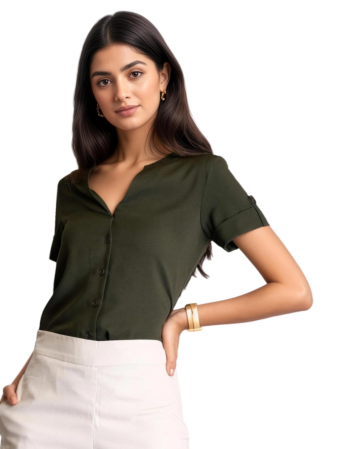 fablestreet Women's V-Neck Button Detail Top-picture-39