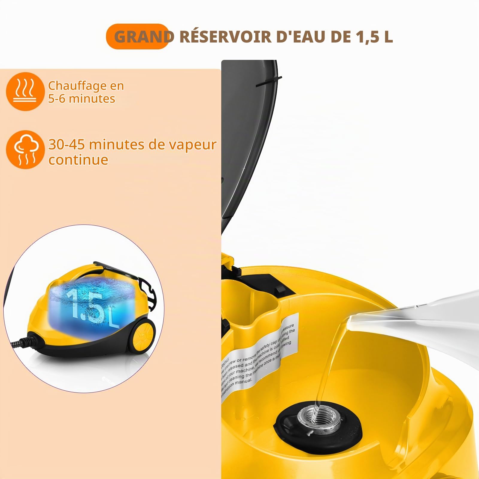 SOARS Nettoyeur Vapeur à Main 2000W, Pression Vapeur : 4 Bar, Max. 108℃, Temps de Préchauffe : 5-6 Min, Réservoir d'Eau : 1,5L, avec 19 Accessoires, pour Canapé, Sol, Fenêtre, Cuisine (Jaune)