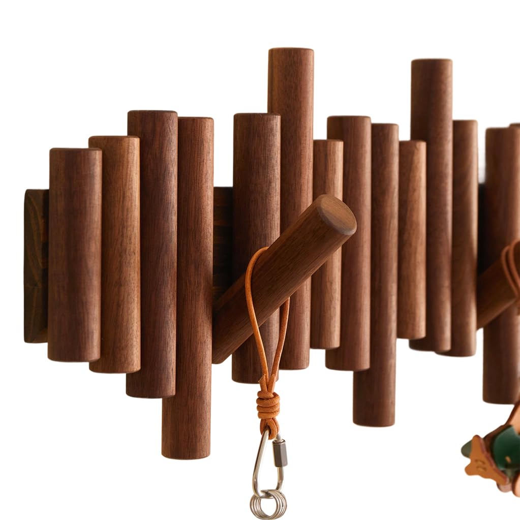 Lmysxaoz Brown Solid Wood Foldable Coat Rack Wall Mount, Walnut Color Wooden Hooks Entryway Hanging Rail Clothes Towel Racks With Double Hook For Coat, Bag 7Hook