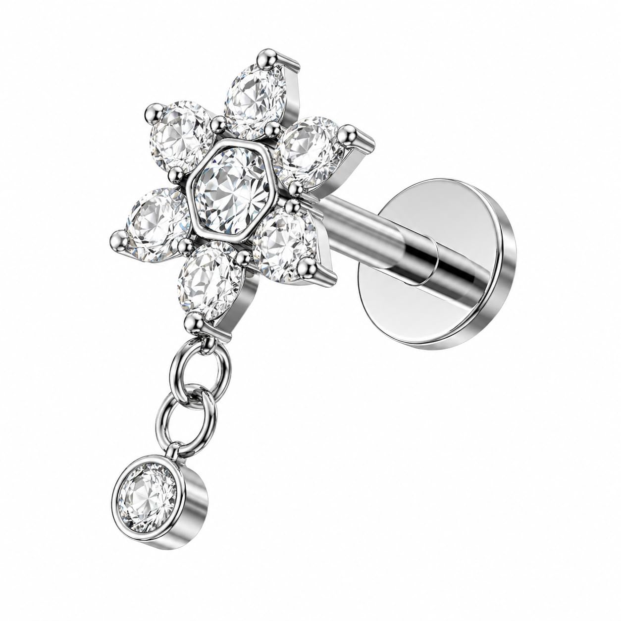 Titanium CZ Flower Dangle Threadless Labret Stud, 16G, 8mm, Tragus, Helix, Cartilage Piercing - Plain and Gold PVD-image-8