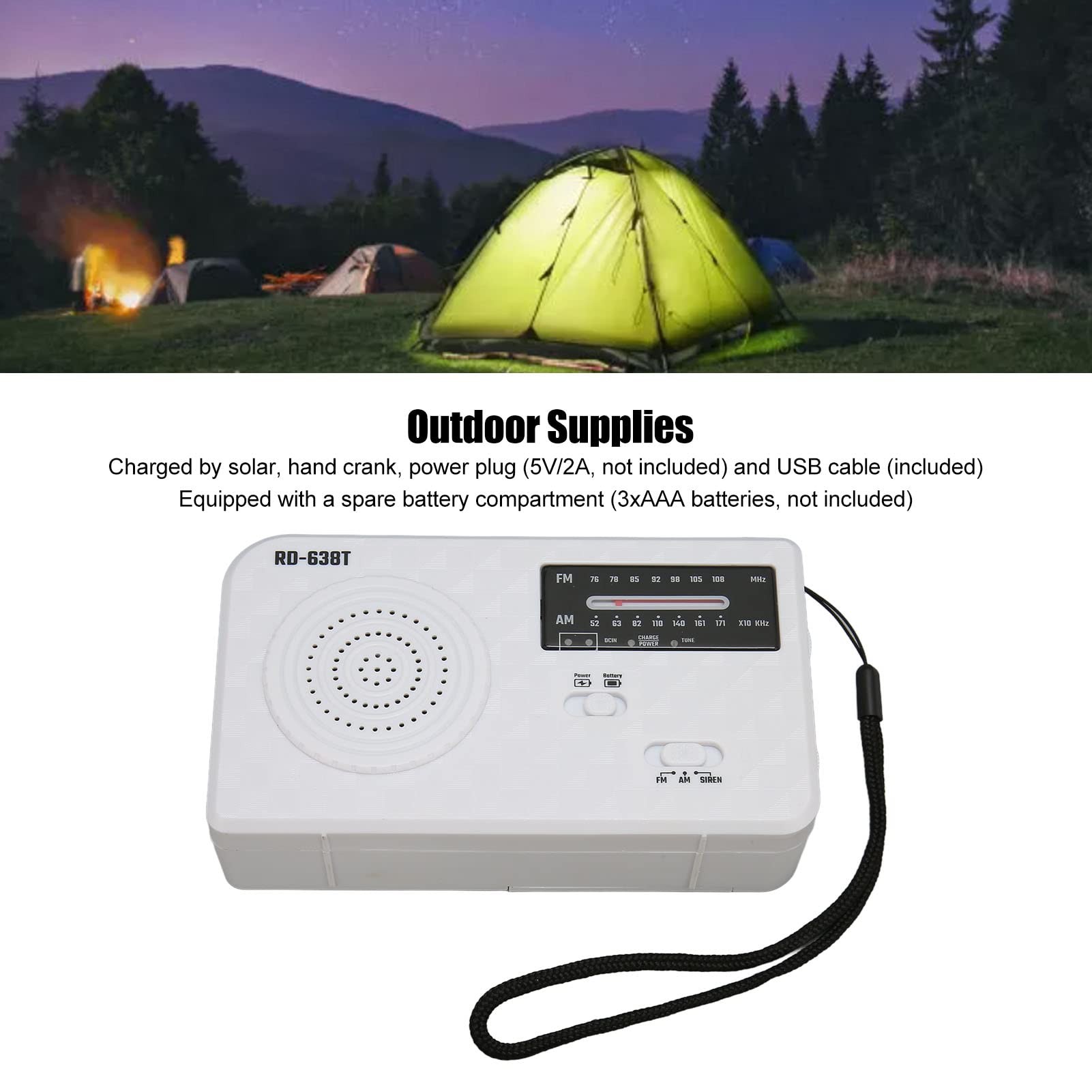 Solar Emergency Hand Crank Weather Radio, AM FM Portable Radio with 500mAh Battery, SOS Alarm & Solar Power LED Flashlight for Camping, Emergency (White)