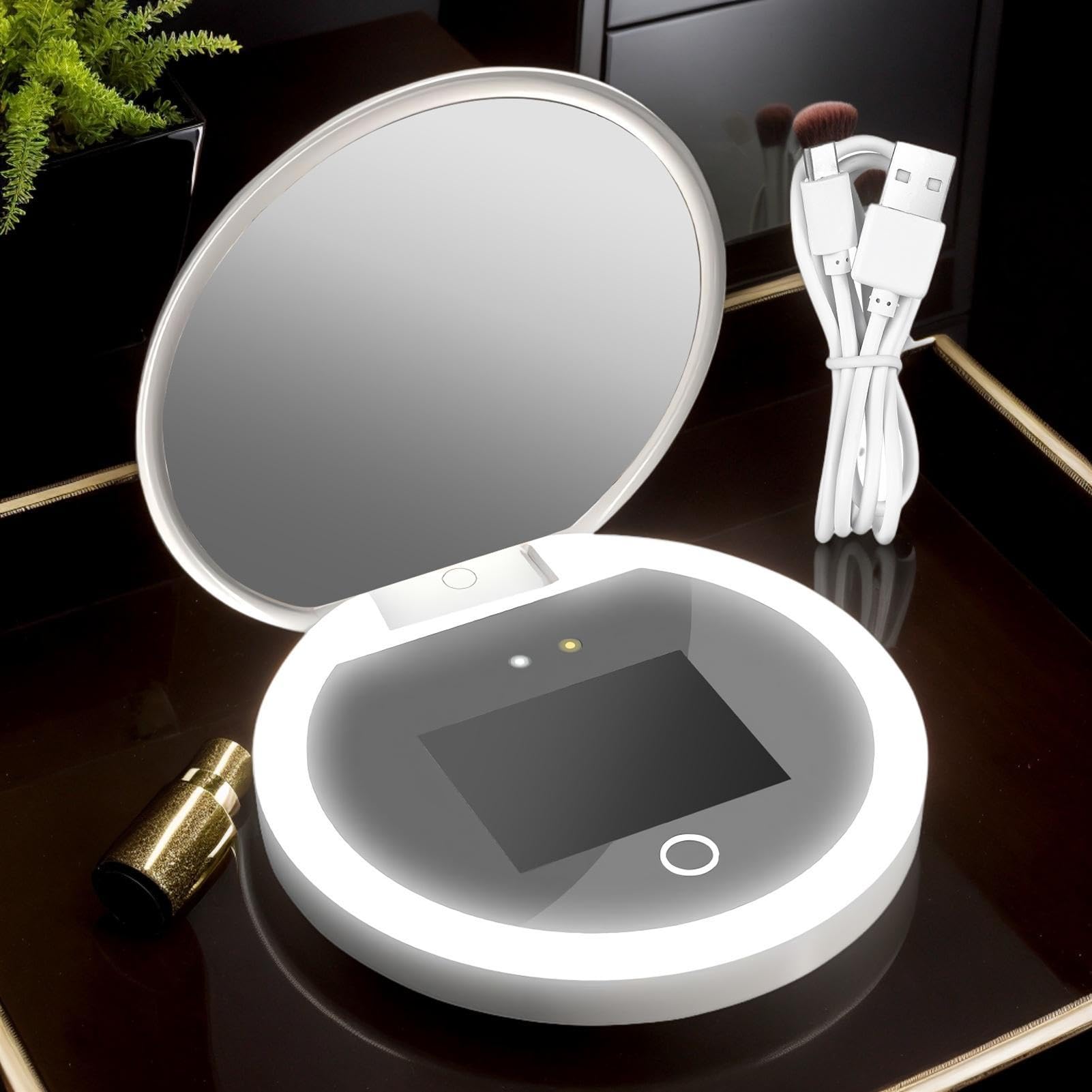 Specchio a Luce UV Pieghevole A 2 Lati Con Ingrandimento 2X E Illuminazione | Specchietto per il Trucco Portatile Pieghevole Funzionale da Viaggio Specchio 2X Portatile Smart Con L