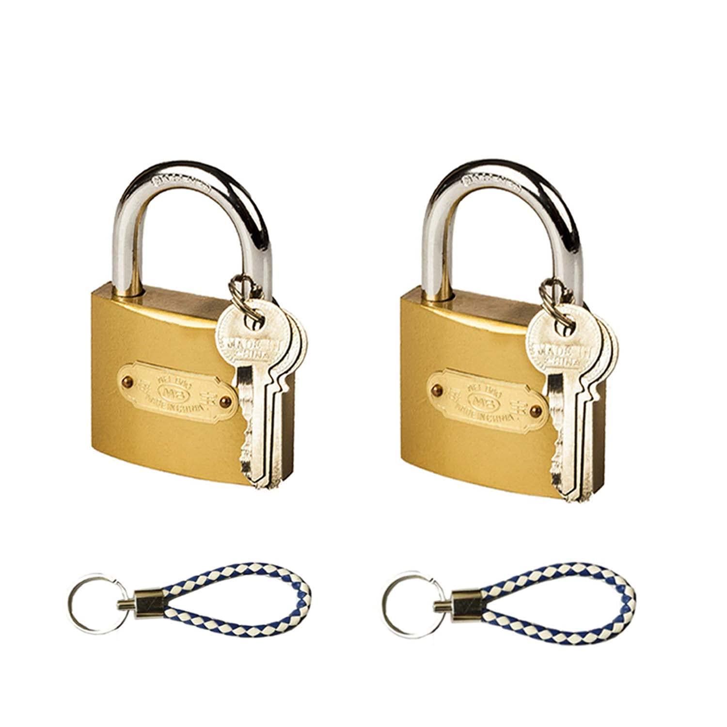 SAI Balaji 50 MM Rectangular Gold Color Locks_ Pack of 2_Metal Body_3 Keys and 1 Key Chain with Each Lock_Locks for Doors_Gates_Shelves_Luggage Bags BG 10