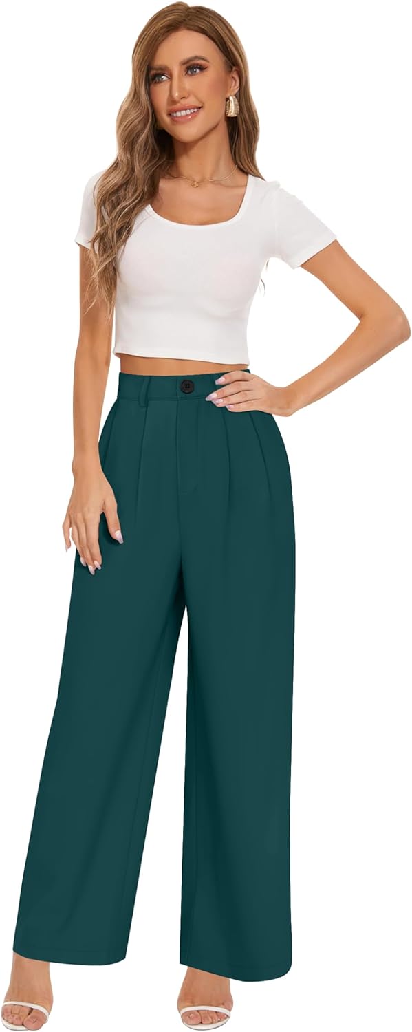 Wide Leg Pants for Women Palazzo Pant Business Casual High Waisted Dressy Flowy Work Office Trousers with Pockets Blue M - Image 2