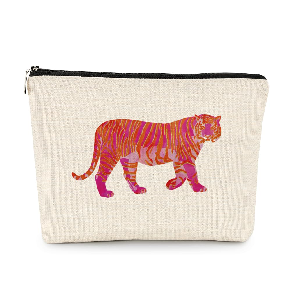 EXUQO Preppy Tiger Small Makeup Bag,Teen Girl Gifts,Pink Tiger Cosmetic Bag for Women Daughter Sister,Zipper Pouch Bag Travel Bag