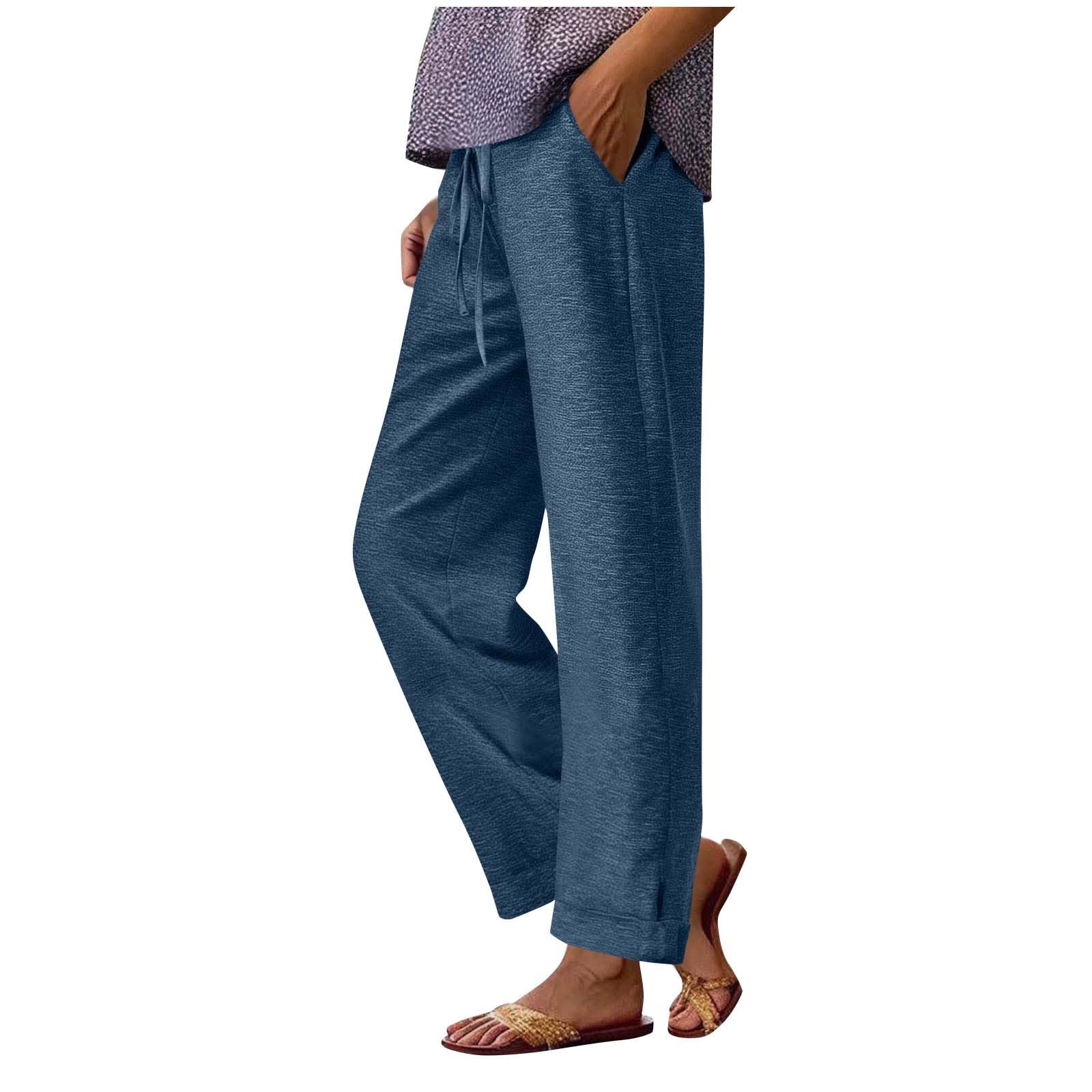Casual Pants for Women Straight Wide Leg Elastic Waist Trouser Lightweight Soft Comfy Pants with Pockets