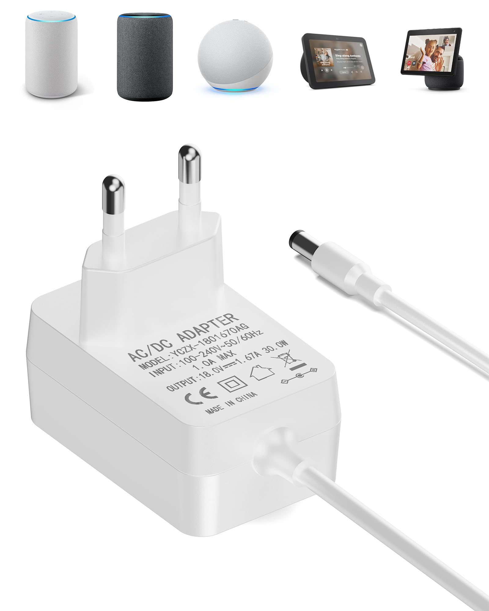 Wymienna ładowarka 30 W do Alexa Echo 3. i 4. generacji, Echo Show 8/10/15, Echo Show 2. generacji, Echo Plus 2. generacji, kabel 1,5 m, biały