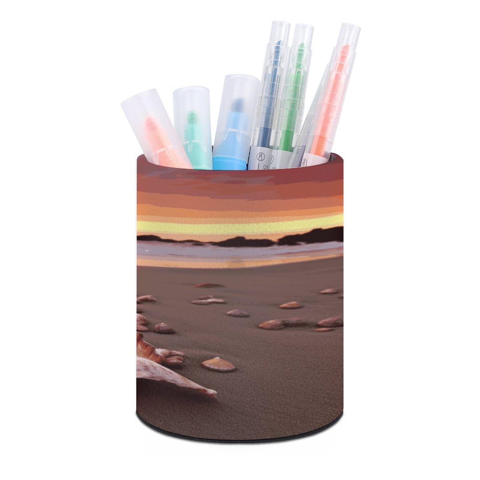 MUSM Shell Beach Sunset Pen Holder Large Capacity Pen Holder Modern PU Pencil Holders Durable Waterproof Pens Cup for Home Office Desktop Organizer