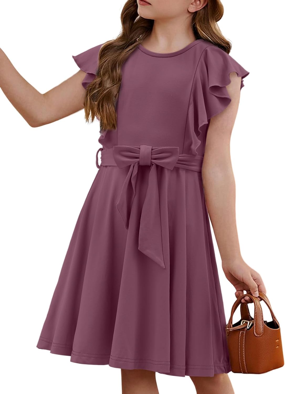 storeofbaby Girls Casual Ruffle Dress Elegant A-Line Flowy Dresses with Belt 5-14 Years - Image 4