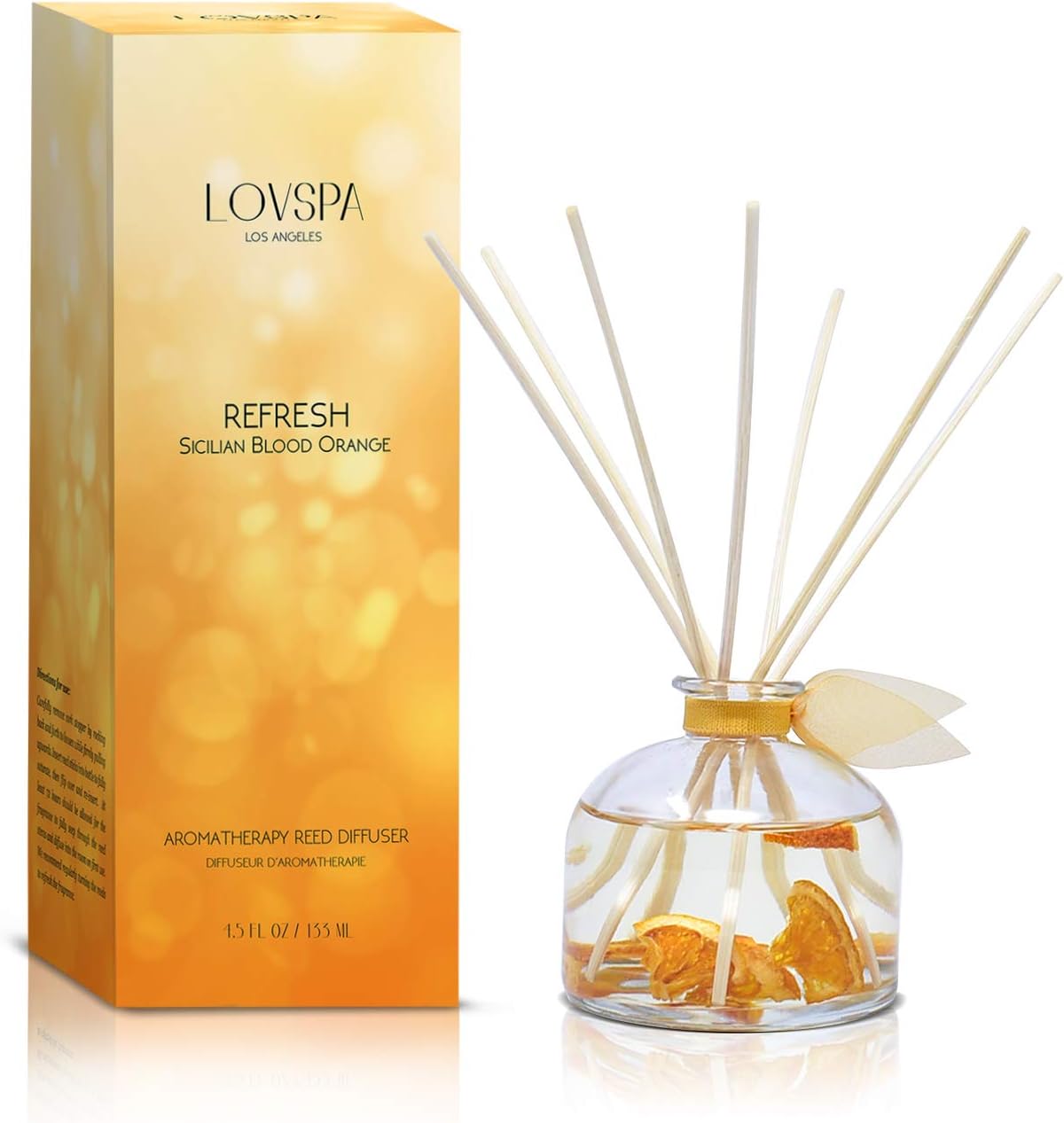 LOVSPA Refresh Sicilian Blood Orange Citrus Essential Oil Reed Diffuser Set with Real Orange Pieces! Aromatherapy Fragrance Room Air Freshener