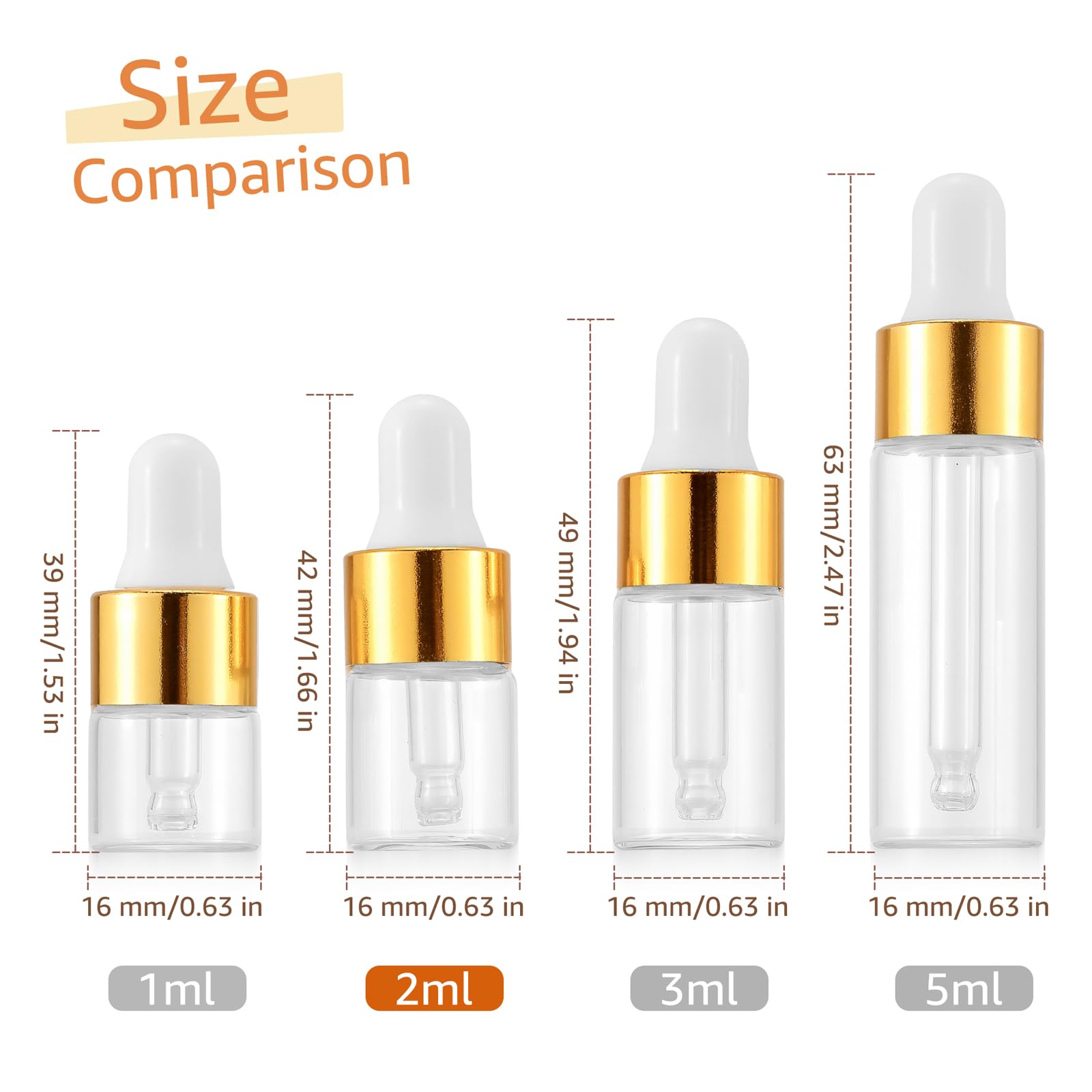 Kesell Confezione da 100 mini bottiglie contagocce in vetro trasparente da 2 ml, con contagocce, per oli essenziali, da viaggio, con 5 contagocce in plastica, contenitori con coperchio (oro)