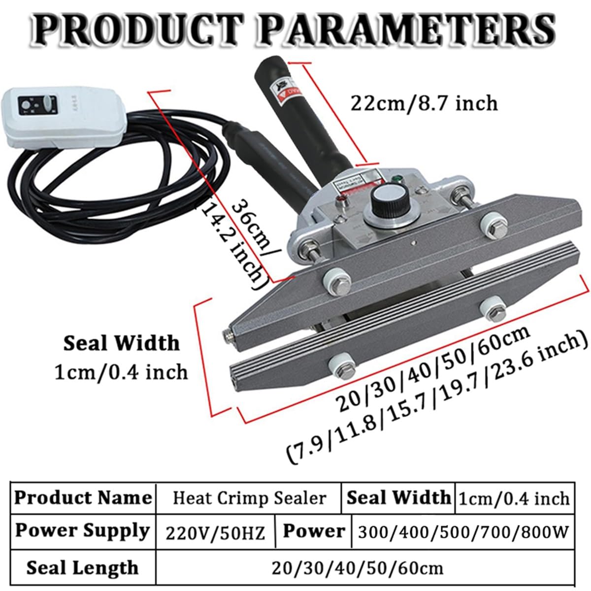 60 cm Hand-Crimp-Versiegelungsgerät, tragbare Klemme, Versiegelungsmaschine für Aluminiumfolienbeutel, Verpackungsmaschine für Folienbeutel und Kraftpapiertüten – Temperatur einstellbar