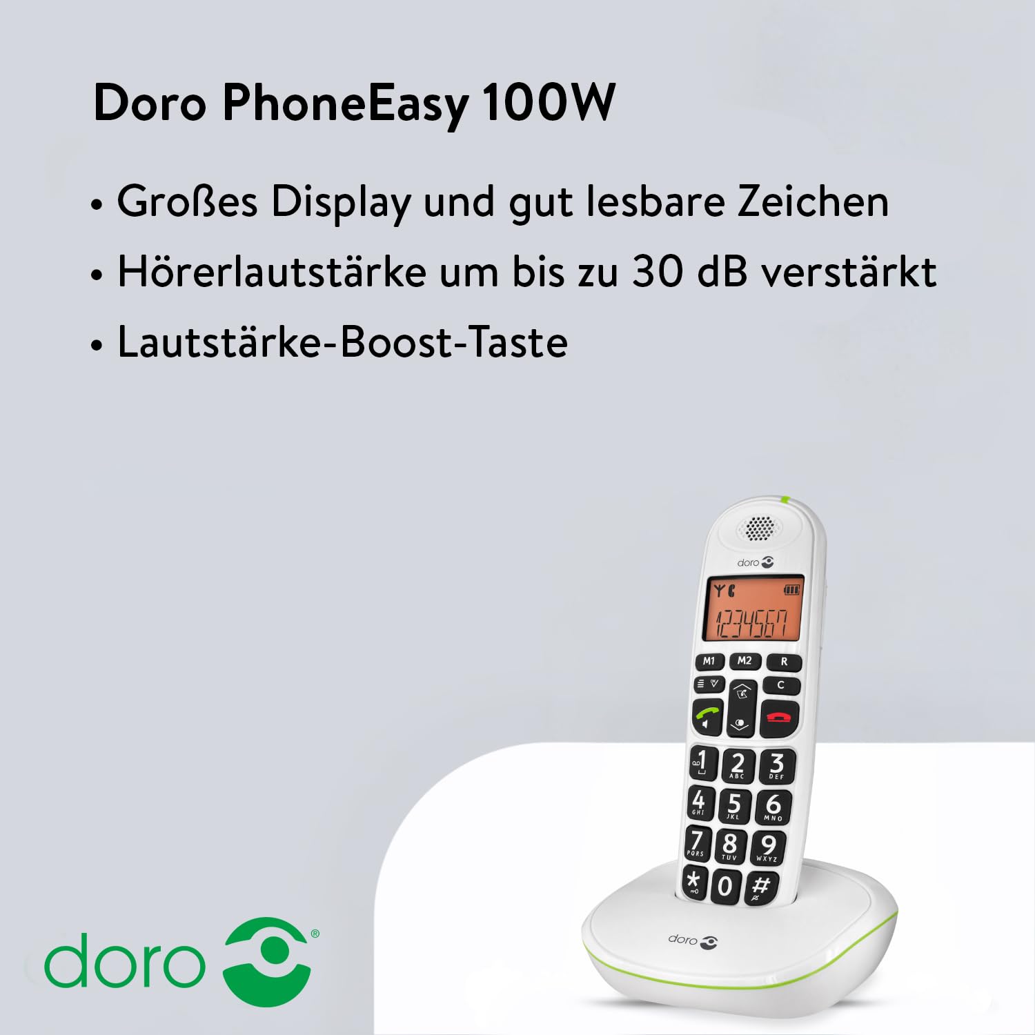 DORO - Doro PhoneEasy 100w - Schnurloses Festnetztelefon - Große Displayanzeige - Extra große Tasten - Freisprechfunktion - Lauter Klingelton - Lautstärkeregler - Weiß