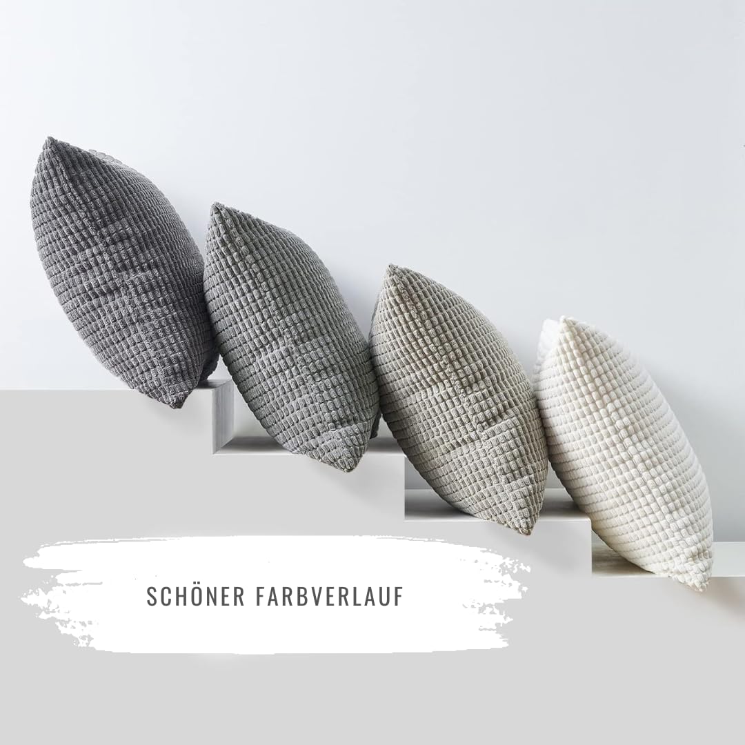4er Set Kissen-Bezug inklusive Füllung, Modell Sven, Kord Samt Sofakissen Farbverlauf abgestimmit Couchkissen Dekokissen Zierkissen Kopfkissen, mit Reisverschluss, weich & angenehm (Creme, 40 x 40 cm)