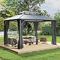 10'x12' Hardtop Gazebo, Outdoor Polycarbonate Gazebo with Netting & Shaded Curtains, Heavy Duty Aluminum Frame Gazebo for Patio, Backyard, Lawn (10x12 FT Double Roof)