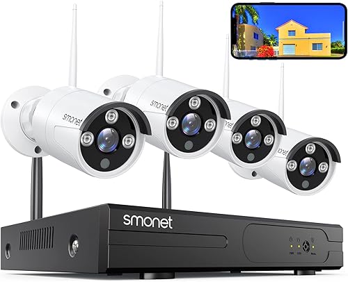 SMONET - Sistema de cámara de seguridad WiFi de 3 MP sin disco duro kit NVR de vigilancia doméstica de 8 canales paquete de 4 cámaras IP para