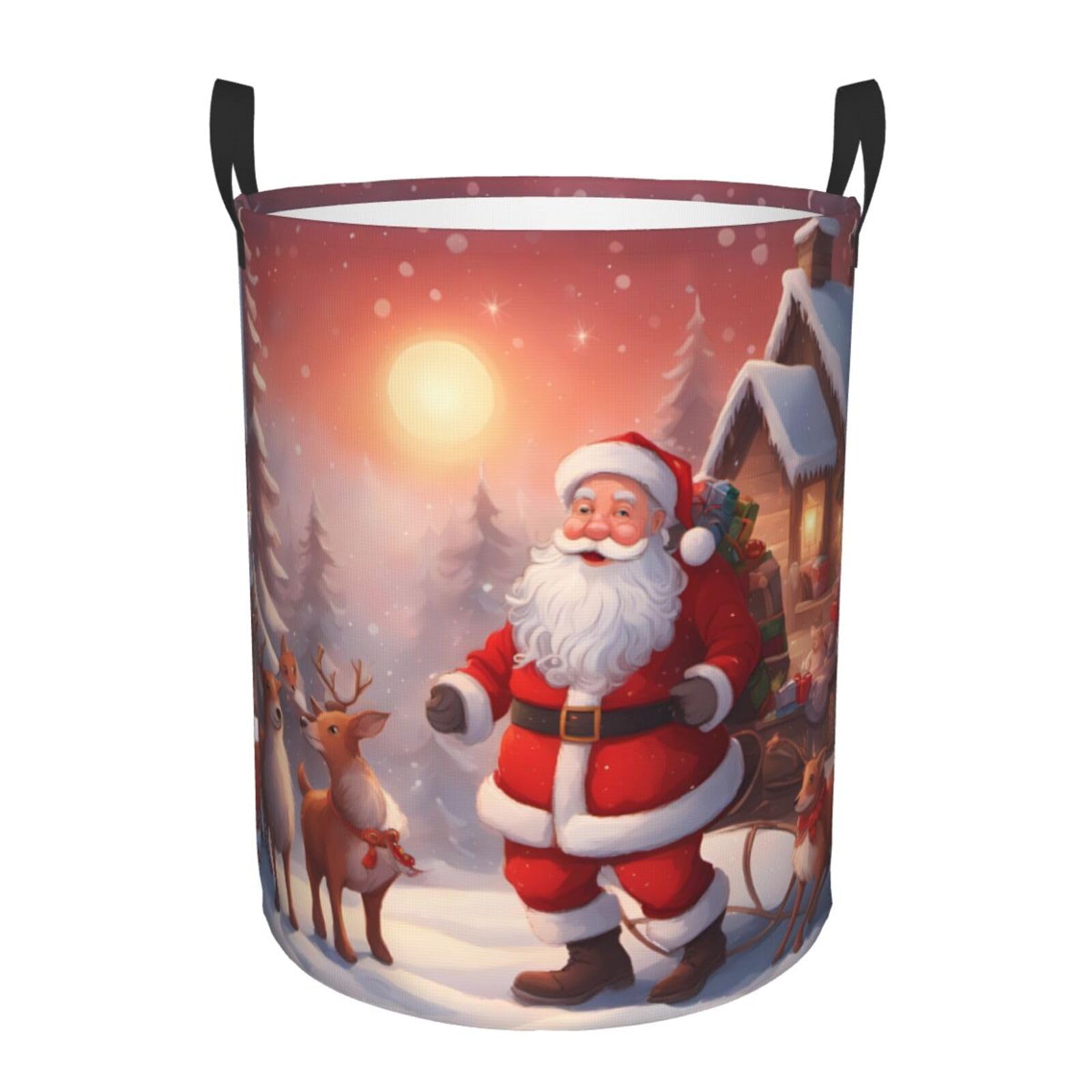 M Collapsible winter Santa Claus Print Circular Hamper Round