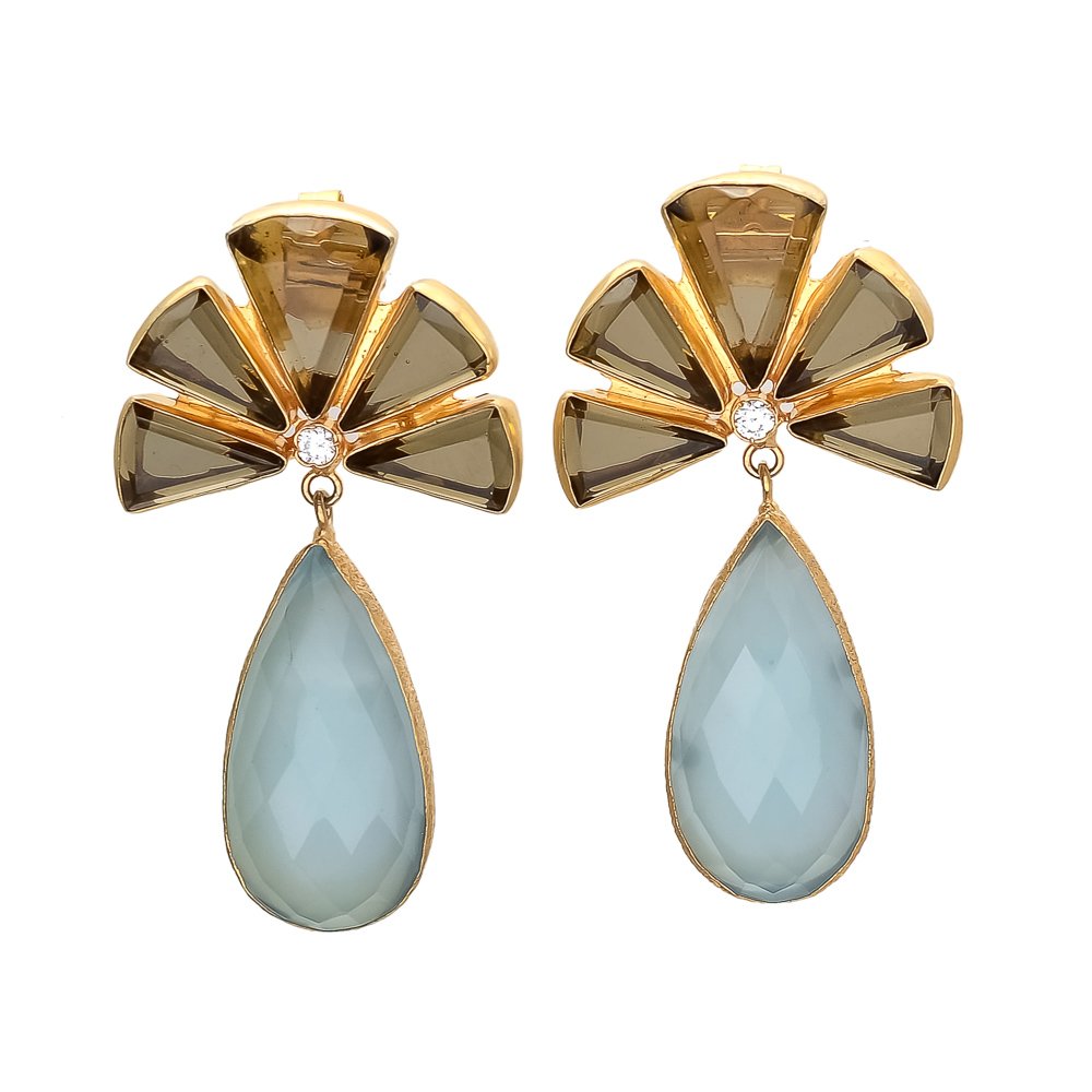 EnharaJewelsEnhara Jewels Cute Short Aqua Blue Chalcedony Earrings with Brown Smoky Quartz/Statement Earrings for Women