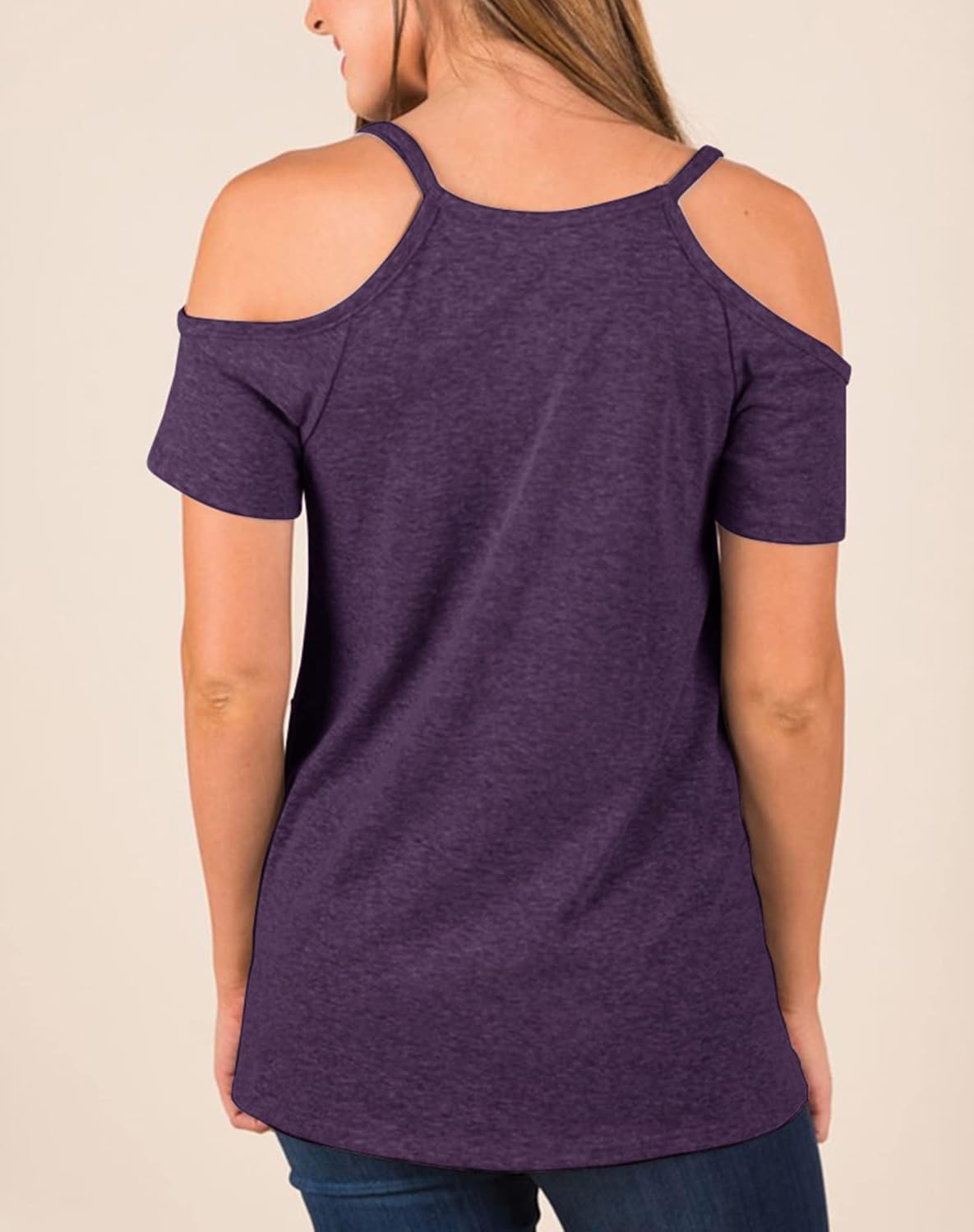 Minclouse Women's Summer Short Sleeves Tops Cold Shoulder V Neck Shirts Casual Strappy Tees - Image 2