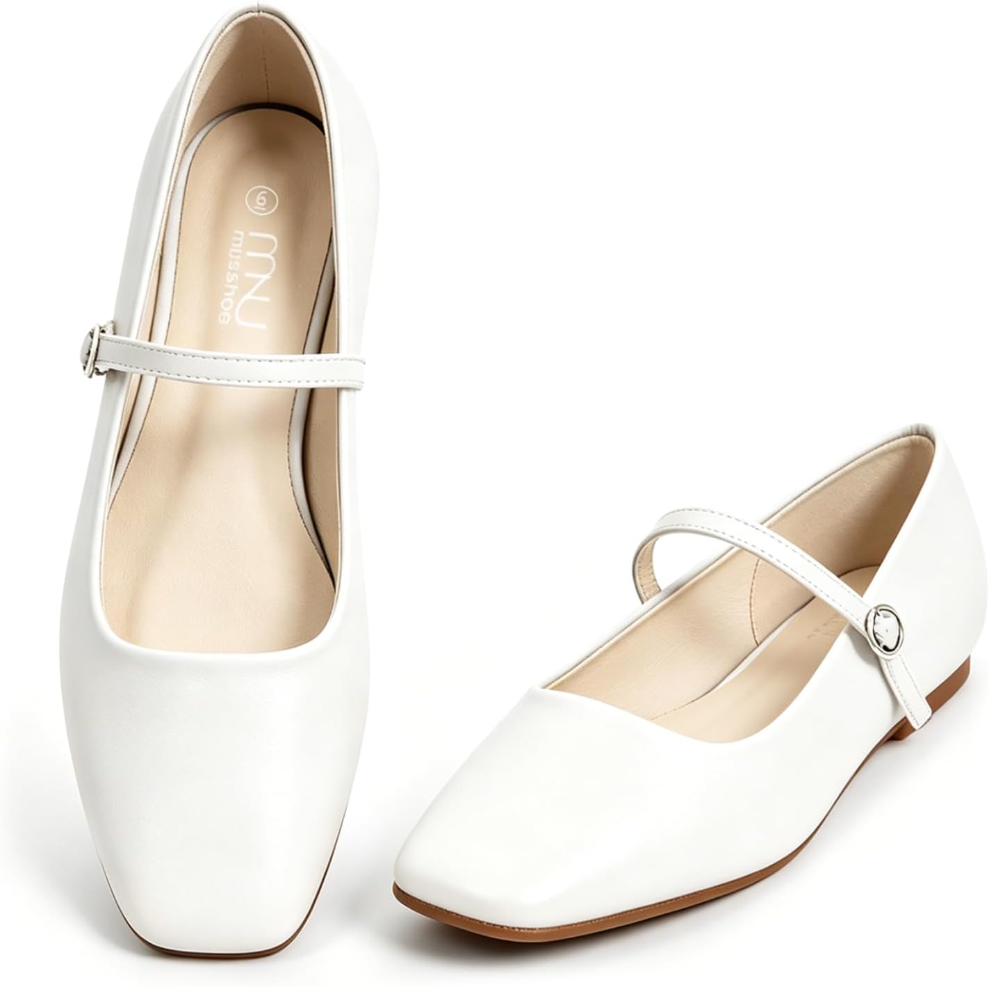 MUSSHOE Square Toe Mary Jane Flats for Women: Comfortable Non-Slip Dressy Business Casual Shoes with Adjustable Strap for Office Work