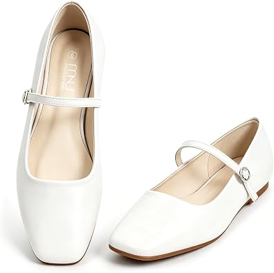MUSSHOE Square Toe Mary Jane Flats for Women Comfortable Non-Slip Dressy Business Casual Shoes with Adjustable Strap for Office Work