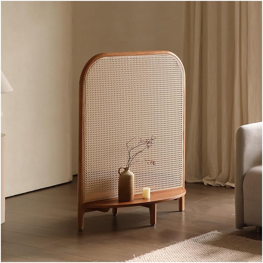 New Chinese Style Solid Wood Room Divider Retro Rattan Weaving Partition Screen Portable Freestanding Wall Divider For Living Room, Entrance, Bedroom (Color : Cherry color, Size : 90x45x110cm)