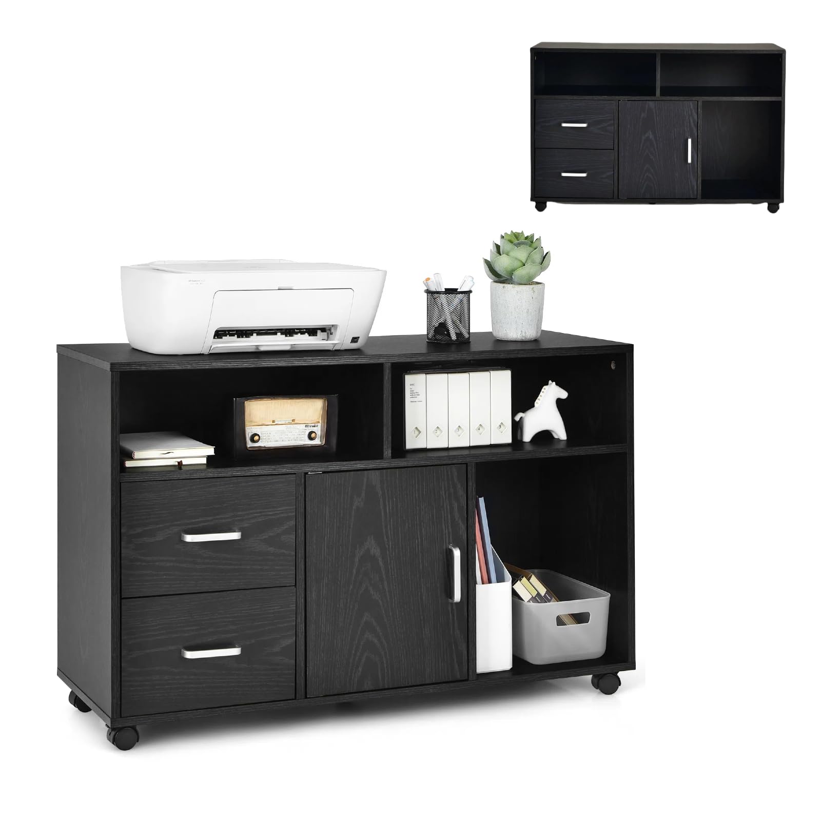 KOMFOTTEU Armadietto Portadocumenti con 5 Ruote, Schedario da Ufficio con 2 Cassetti, Armadio con Anta e 3 Scomparti, Cassettiera Scrivania per Stampante per Studio, Soggiorno, 104 x 35 x 65,5cm, Nero