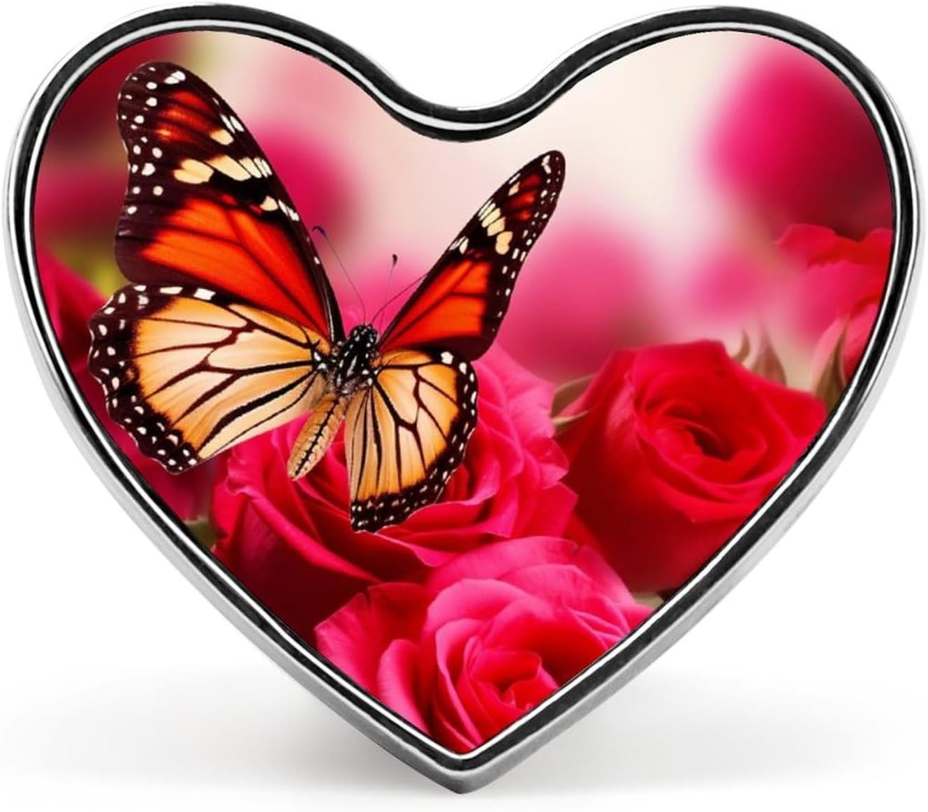 Red Roses And Butterflies Badges Heart with Button Design, Personalized Picture Pin Brooches, Heart Badge Holders for Decorate Hat Shirt Clothing Bag Accessories