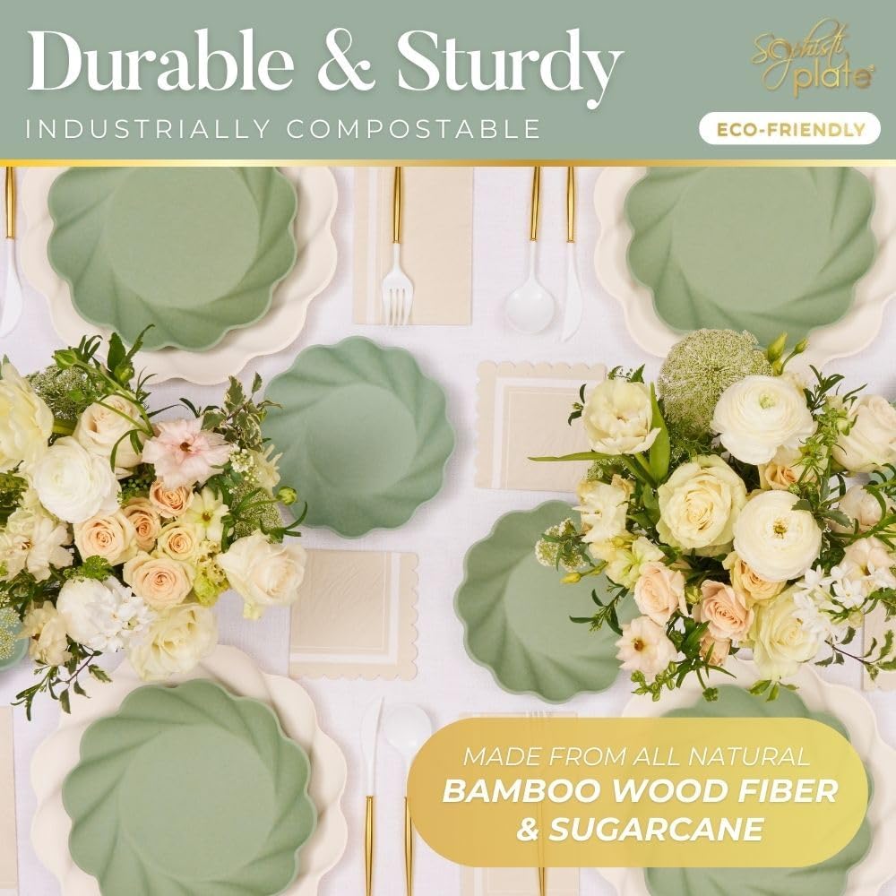 Sophistiplate Beautiful NEW Wavy Eco-Friendly Compostable Salad Plates - Made Of Bamboo Wood Fiber, and Sugarcane- biodegradable - Sturdy, 7.5 In, Sturdy & Heavy Duty - Pack of 8, Color Sage