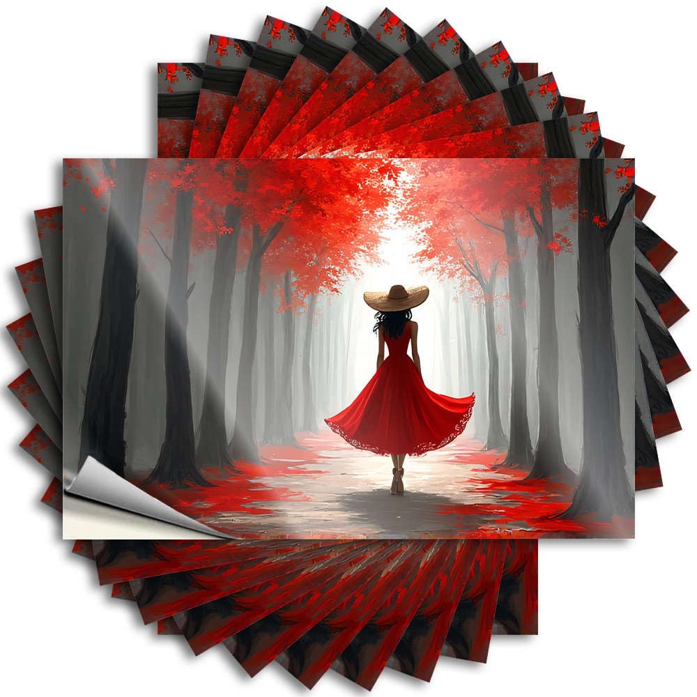 Fzfn Boys Colour Tattoos Easy Apply | A Woman In A Red Dress Walks Through An Autumn Forest Winter Bumper Peel And Stick(8X12cm)