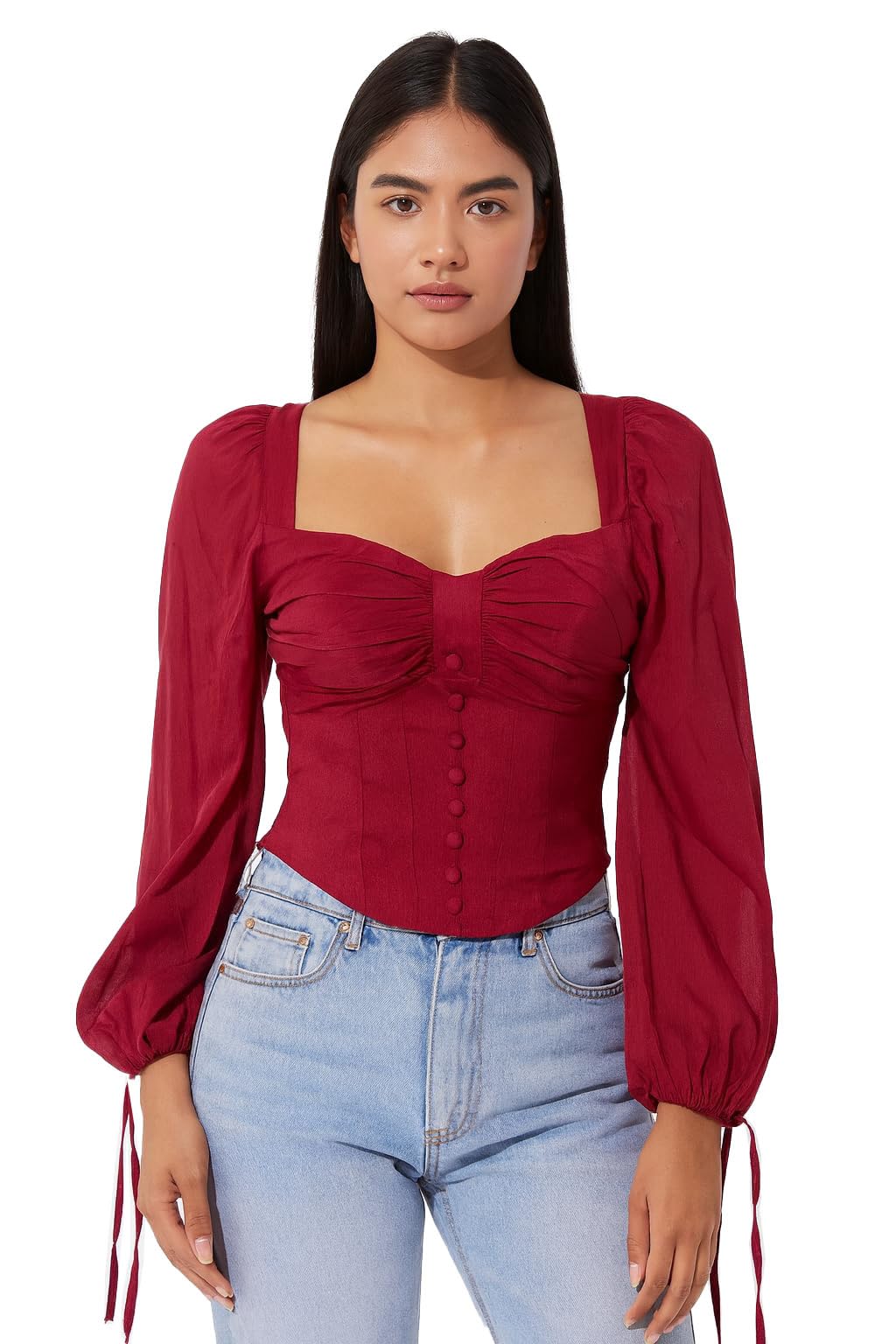 Women French Style Retro Vintage Lace-Up Square Neck Smock Puff Sleeve Ruffled Crop Blouse Corset Top Dn326-image-18