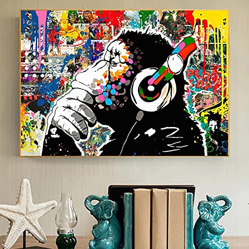 Tableau moderne singe avec casque toile prête à suspendre 35x55