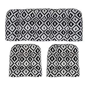 RSH DECOR: 3-Piece Wicker Tufted Cushion Set | 41” x 19″ & 19″ x 19″ | All-Weather Spun Fabric | Water Resistant | Outdoor Loveseat & U-Shape Cushions for Patio Furniture | Black & White Aztec